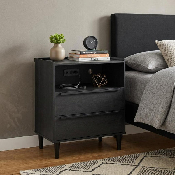 26 Inch Wood Two Drawer Nightstand with Built in Usb Charging Port for Modern Bedrooms