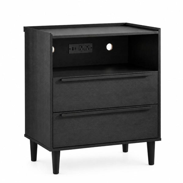26 Inch Wood Two Drawer Nightstand with Built in Usb Charging Port for Modern Bedrooms