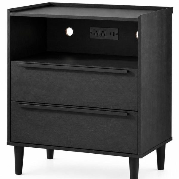 26 Inch Wood Two Drawer Nightstand with Built in Usb Charging Port for Modern Bedrooms