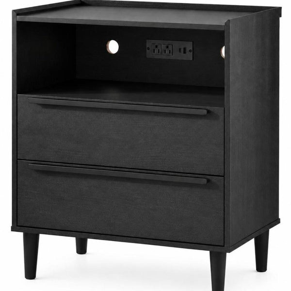26 Inch Wood Two Drawer Nightstand with Built in Usb Charging Port for Modern Bedrooms