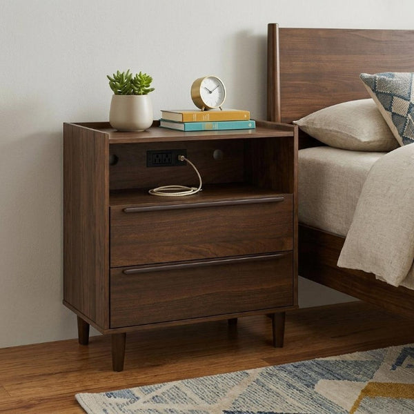26 Inch Wood Two Drawer Nightstand with Built in Usb Charging Port for Modern Bedrooms
