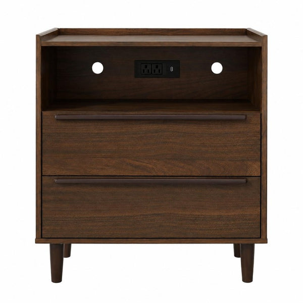 26 Inch Wood Two Drawer Nightstand with Built in Usb Charging Port for Modern Bedrooms