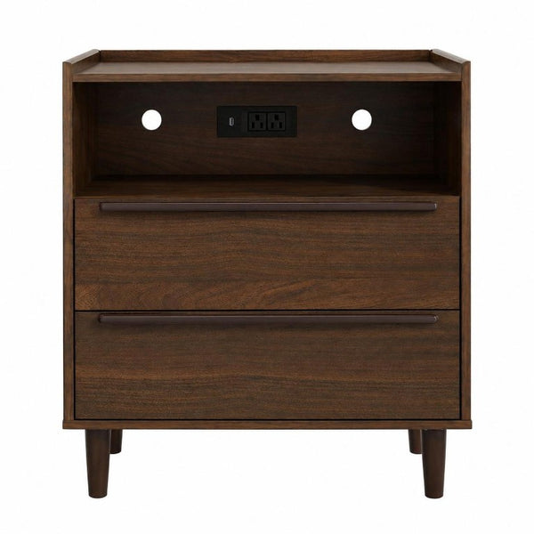 26 Inch Wood Two Drawer Nightstand with Built in Usb Charging Port for Modern Bedrooms