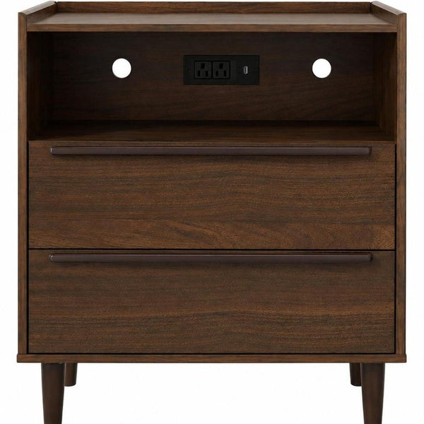 26 Inch Wood Two Drawer Nightstand with Built in Usb Charging Port for Modern Bedrooms