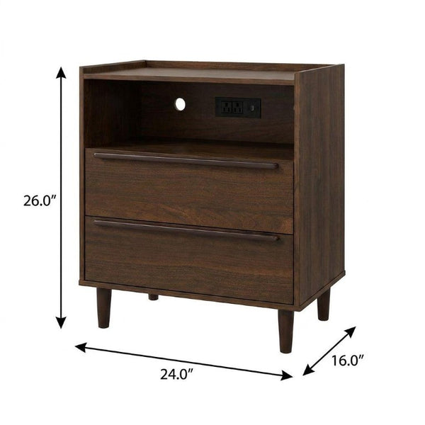 26 Inch Wood Two Drawer Nightstand with Built in Usb Charging Port for Modern Bedrooms