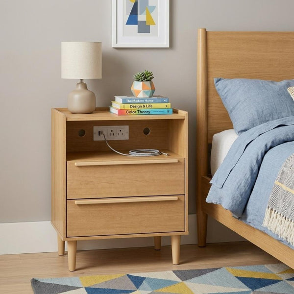 26 Inch Wood Two Drawer Nightstand with Built in Usb Charging Port for Modern Bedrooms