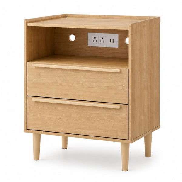 26 Inch Wood Two Drawer Nightstand with Built in Usb Charging Port for Modern Bedrooms