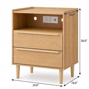 26 Inch Wood Two Drawer Nightstand with Built in Usb Charging Port for Modern Bedrooms