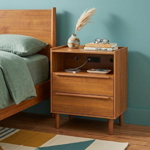 26 Inch Wood Two Drawer Nightstand with Built in Usb Charging Port for Modern Bedrooms
