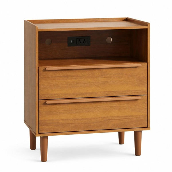 26 Inch Wood Two Drawer Nightstand with Built in Usb Charging Port for Modern Bedrooms