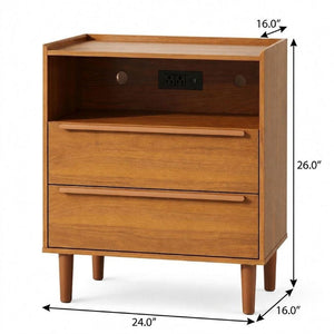 26 Inch Wood Two Drawer Nightstand with Built in Usb Charging Port for Modern Bedrooms