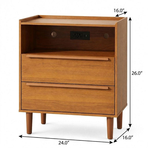 26 Inch Wood Two Drawer Nightstand with Built in Usb Charging Port for Modern Bedrooms