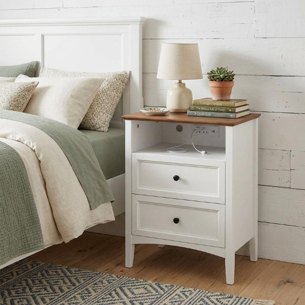 26 Inch Wood Two Drawer Nightstand with Built in Usb Charging Port for Modern Bedrooms
