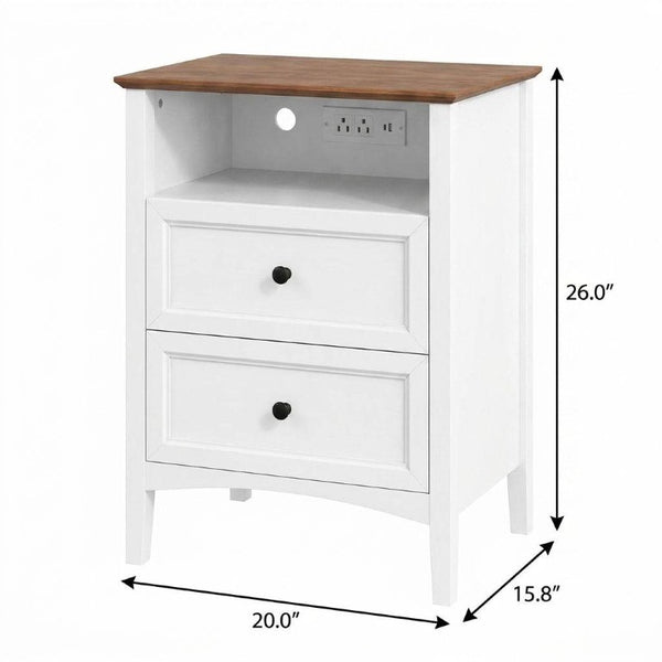 26 Inch Wood Two Drawer Nightstand with Built in Usb Charging Port for Modern Bedrooms