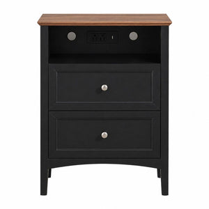 HomeRoots 26 Inch Wood Two Drawer Nightstand with Built in Usb Charging Port for Modern Bedrooms Black - C 20" W x 26" H x 15.8" D 772578