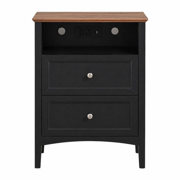 HomeRoots 26 Inch Wood Two Drawer Nightstand with Built in Usb Charging Port for Modern Bedrooms Black - C 20" W x 26" H x 15.8" D 772578
