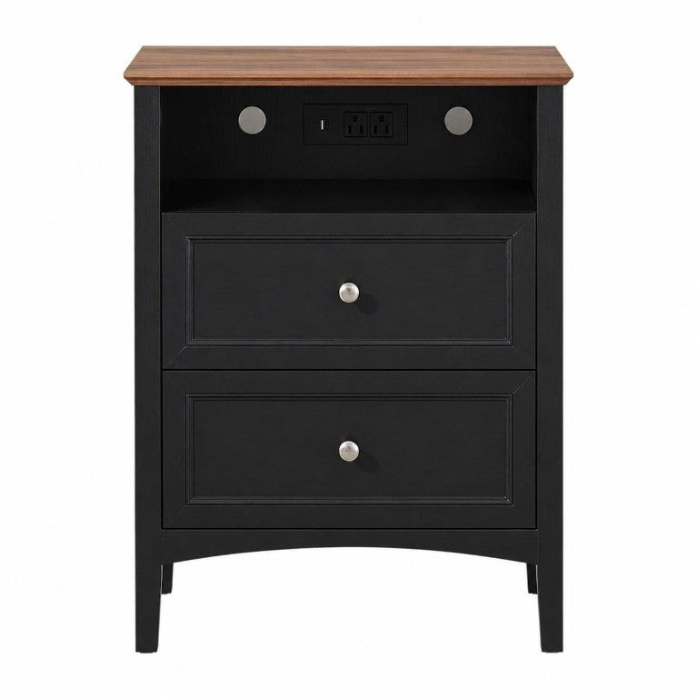 HomeRoots 26 Inch Wood Two Drawer Nightstand with Built in Usb Charging Port for Modern Bedrooms Black - C 20" W x 26" H x 15.8" D 772578