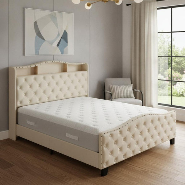 Velvet Queen Bed Tufted Upholstered Frame Led Lighting Usb Ports Nailhead Shelf Storage