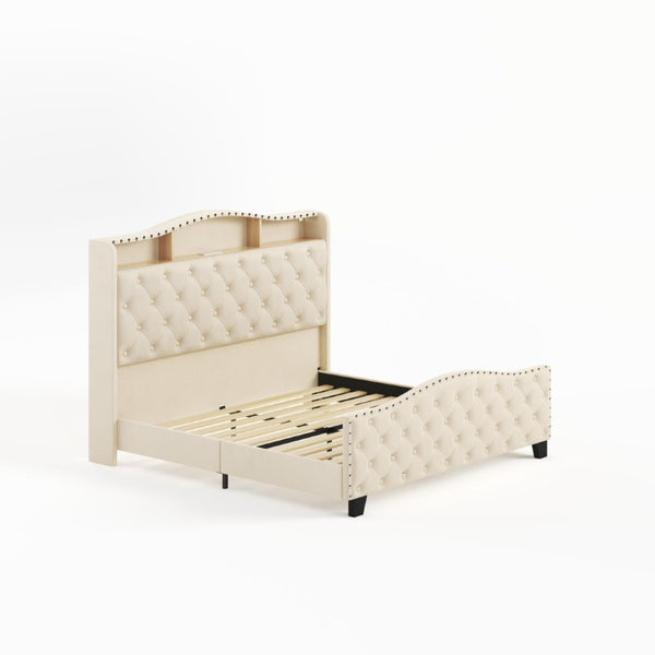 Velvet Queen Bed Tufted Upholstered Frame Led Lighting Usb Ports Nailhead Shelf Storage