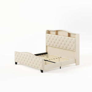Velvet Queen Bed Tufted Upholstered Frame Led Lighting Usb Ports Nailhead Shelf Storage