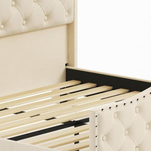Velvet Queen Bed Tufted Upholstered Frame Led Lighting Usb Ports Nailhead Shelf Storage