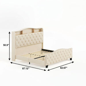 Velvet Queen Bed Tufted Upholstered Frame Led Lighting Usb Ports Nailhead Shelf Storage
