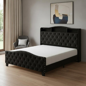 Velvet Queen Bed Tufted Upholstered Frame Led Lighting Usb Ports Nailhead Shelf Storage