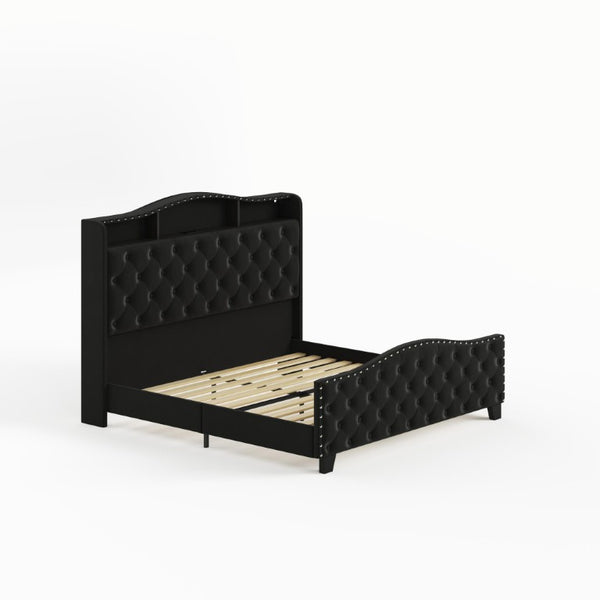 Velvet Queen Bed Tufted Upholstered Frame Led Lighting Usb Ports Nailhead Shelf Storage