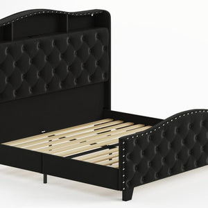 Velvet Queen Bed Tufted Upholstered Frame Led Lighting Usb Ports Nailhead Shelf Storage