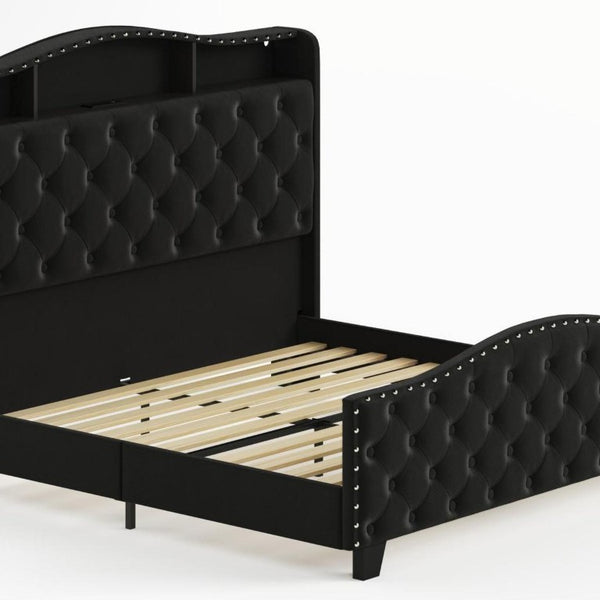 Velvet Queen Bed Tufted Upholstered Frame Led Lighting Usb Ports Nailhead Shelf Storage