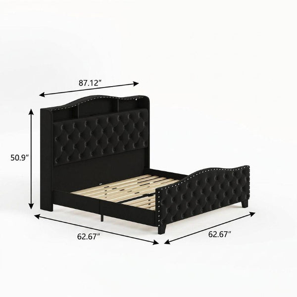 Velvet Queen Bed Tufted Upholstered Frame Led Lighting Usb Ports Nailhead Shelf Storage
