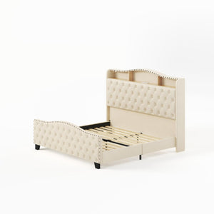 Velvet King Bed Tufted Nailhead Trim Led Lighted Headboard Usb Charging Ports and Storage Shelves