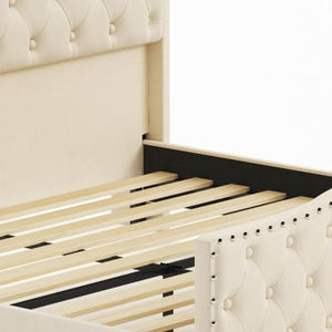 Velvet King Bed Tufted Nailhead Trim Led Lighted Headboard Usb Charging Ports and Storage Shelves
