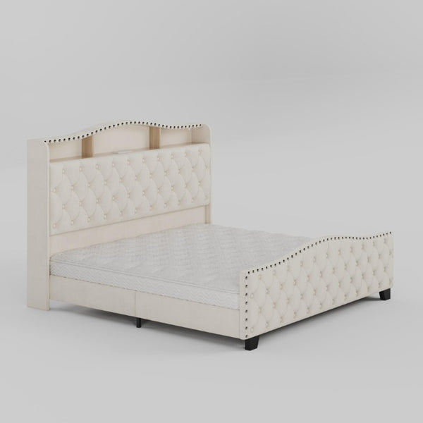 Velvet King Bed Tufted Nailhead Trim Led Lighted Headboard Usb Charging Ports and Storage Shelves