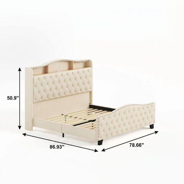 Velvet King Bed Tufted Nailhead Trim Led Lighted Headboard Usb Charging Ports and Storage Shelves