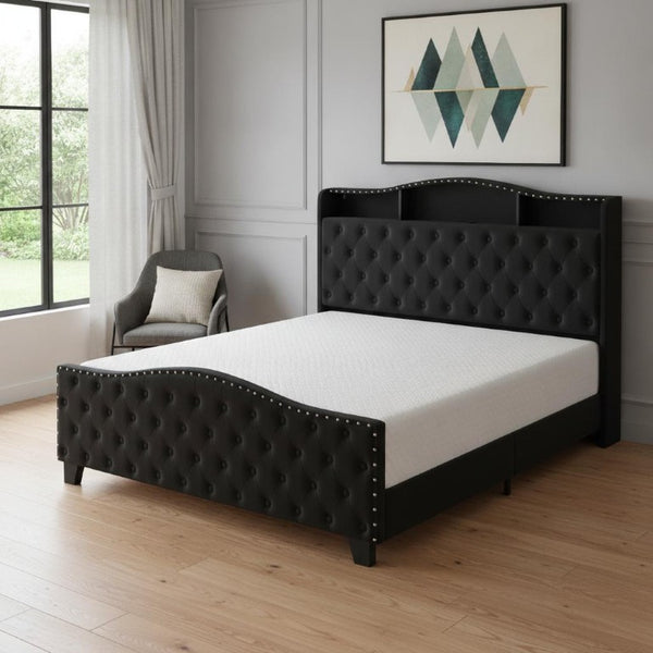 Velvet King Bed Tufted Nailhead Trim Led Lighted Headboard Usb Charging Ports and Storage Shelves