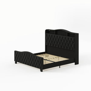 Velvet King Bed Tufted Nailhead Trim Led Lighted Headboard Usb Charging Ports and Storage Shelves