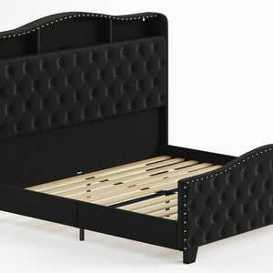 Velvet King Bed Tufted Nailhead Trim Led Lighted Headboard Usb Charging Ports and Storage Shelves