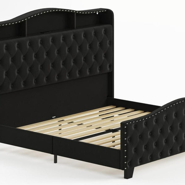 Velvet King Bed Tufted Nailhead Trim Led Lighted Headboard Usb Charging Ports and Storage Shelves
