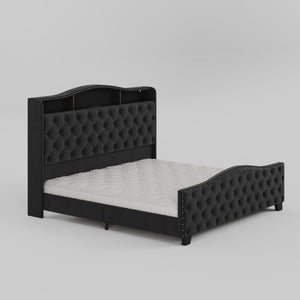 Velvet King Bed Tufted Nailhead Trim Led Lighted Headboard Usb Charging Ports and Storage Shelves