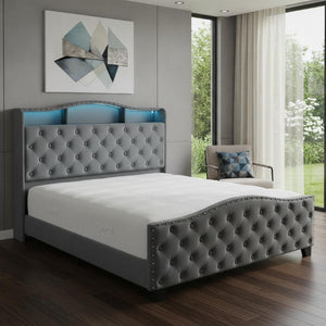 Velvet Queen Bed Tufted Upholstered Frame Led Lighting Usb Ports Nailhead Shelf Storage