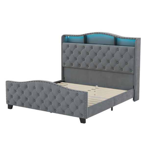 Velvet Queen Bed Tufted Upholstered Frame Led Lighting Usb Ports Nailhead Shelf Storage