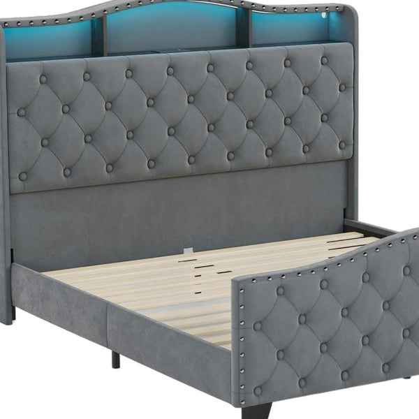 Velvet Queen Bed Tufted Upholstered Frame Led Lighting Usb Ports Nailhead Shelf Storage