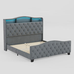 Velvet Queen Bed Tufted Upholstered Frame Led Lighting Usb Ports Nailhead Shelf Storage