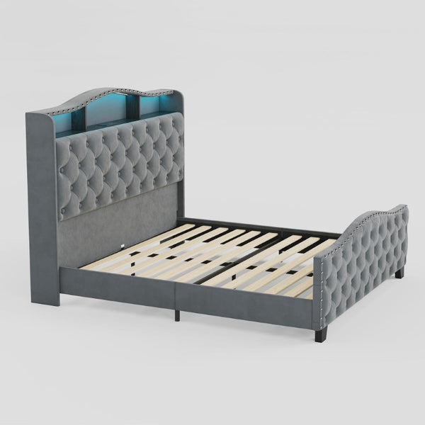 Velvet Queen Bed Tufted Upholstered Frame Led Lighting Usb Ports Nailhead Shelf Storage