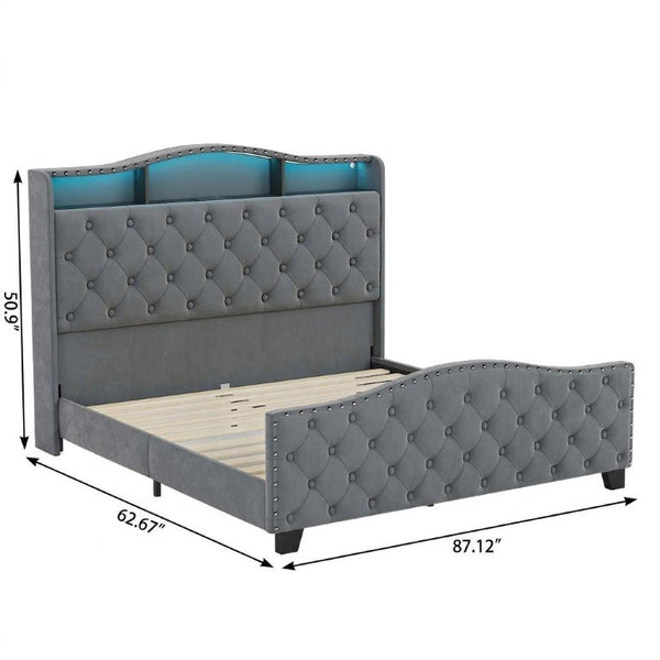 Velvet Queen Bed Tufted Upholstered Frame Led Lighting Usb Ports Nailhead Shelf Storage