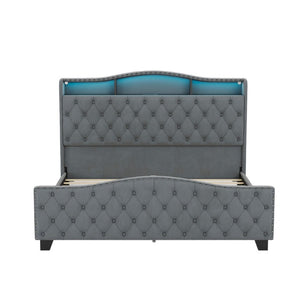 HomeRoots Velvet King Bed Tufted Nailhead Trim Led Lighted Headboard Usb Charging Ports and Storage Shelves Gray 772602