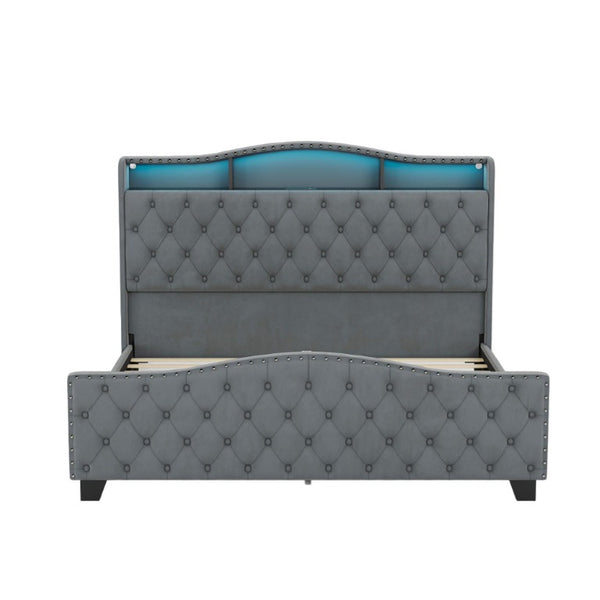HomeRoots Velvet King Bed Tufted Nailhead Trim Led Lighted Headboard Usb Charging Ports and Storage Shelves Gray 772602