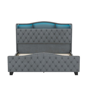 Velvet King Bed Tufted Nailhead Trim Led Lighted Headboard Usb Charging Ports and Storage Shelves
