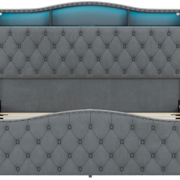 Velvet King Bed Tufted Nailhead Trim Led Lighted Headboard Usb Charging Ports and Storage Shelves